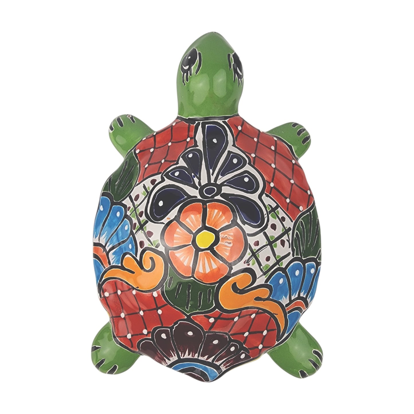 Green Talavera-Style Turtle Figurine 9.5" – Mexican Ceramic Garden Art