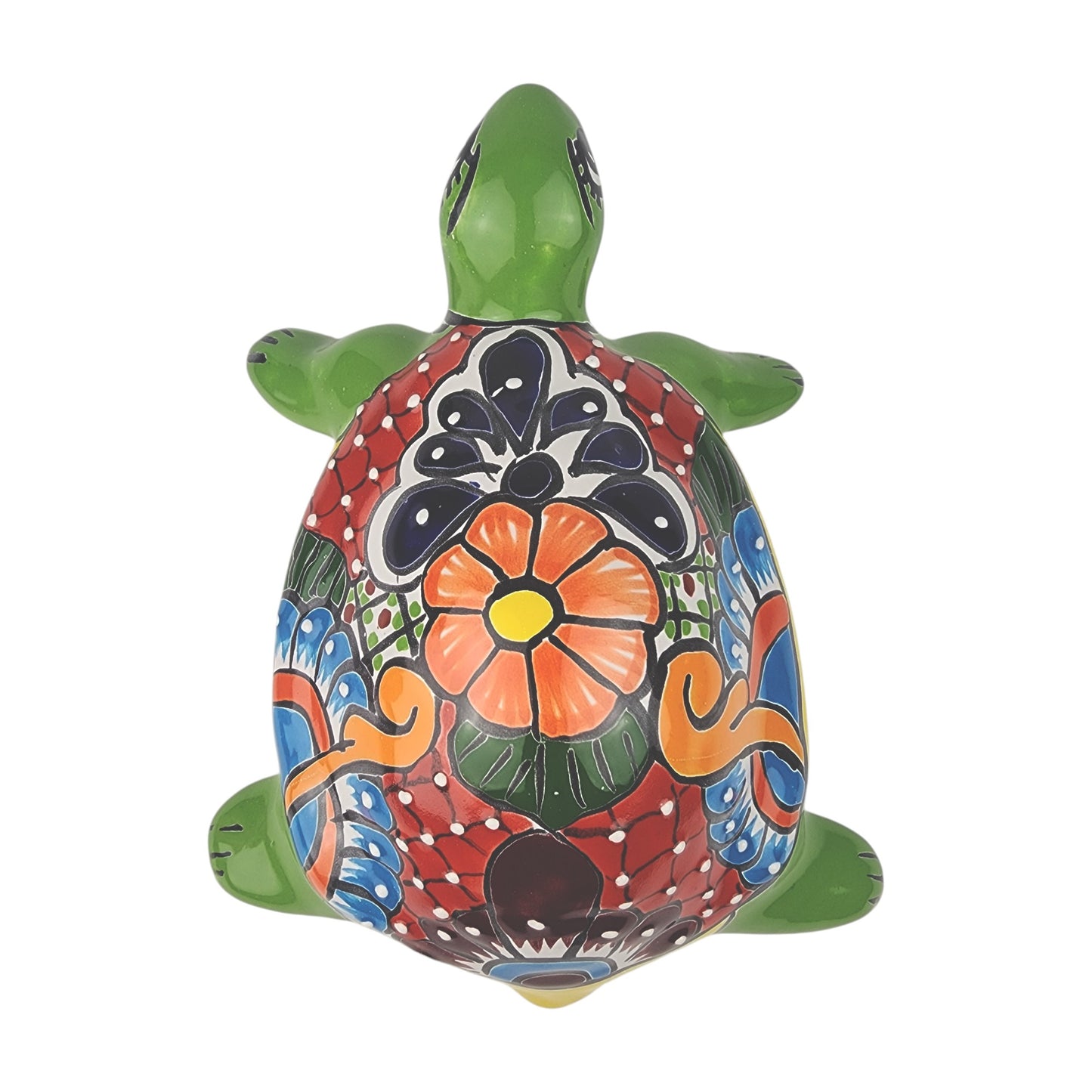 Green Talavera-Style Turtle Figurine 11" – Mexican Ceramic Folk Art