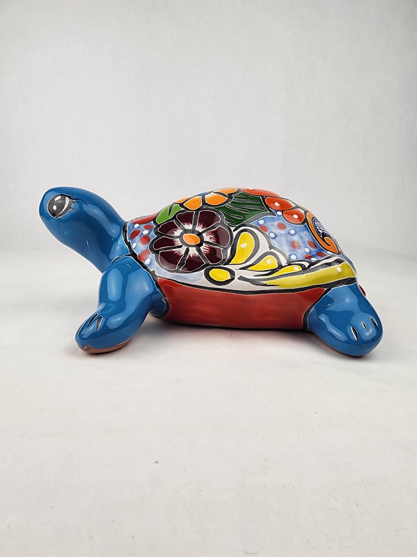 Sky Blue Talavera-Style Turtle Figurine 11" – Mexican Ceramic Garden Accent