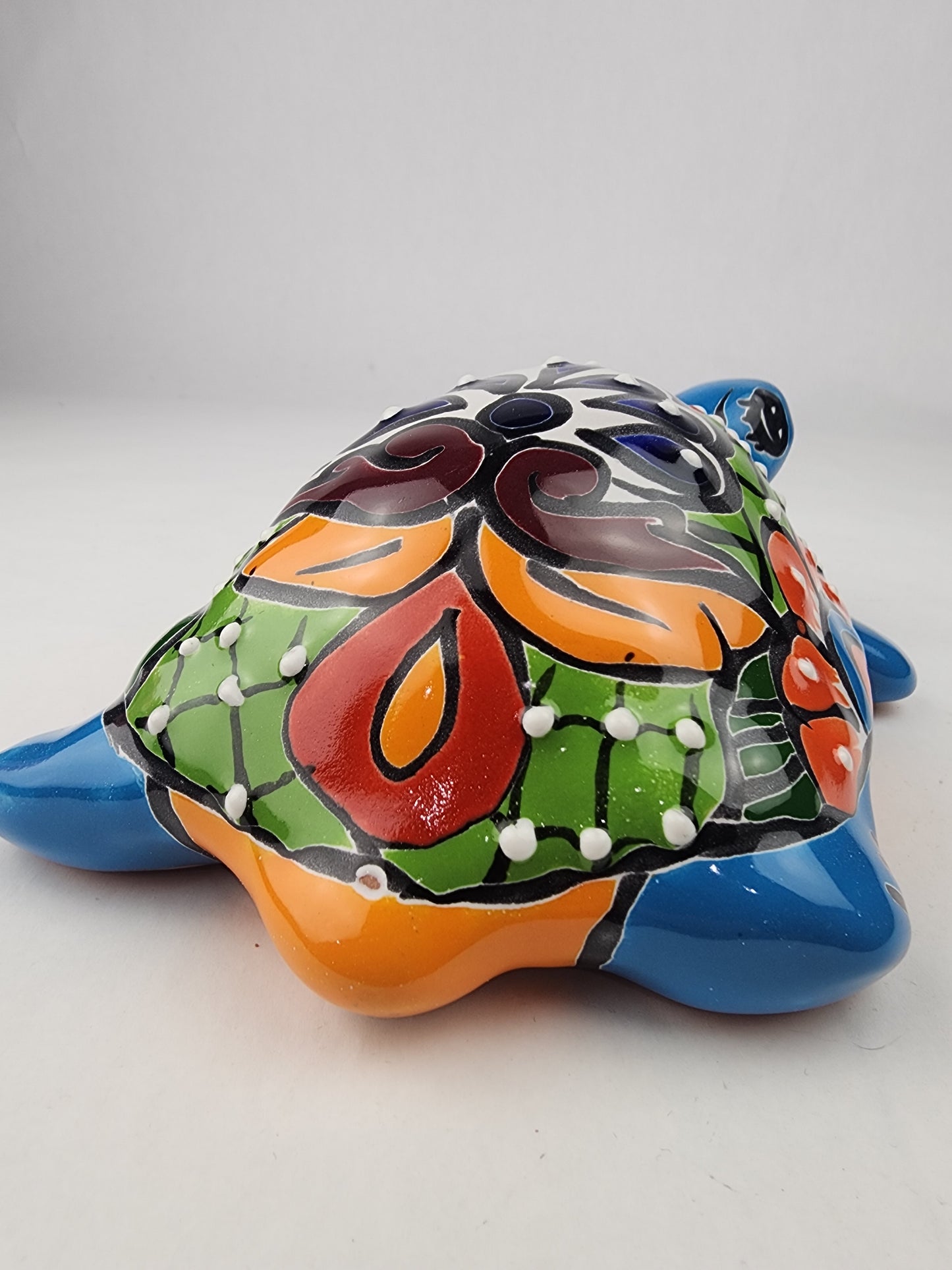 Sky Blue Talavera-Style Turtle Figurine 8.5" – Mexican Garden Folk Art