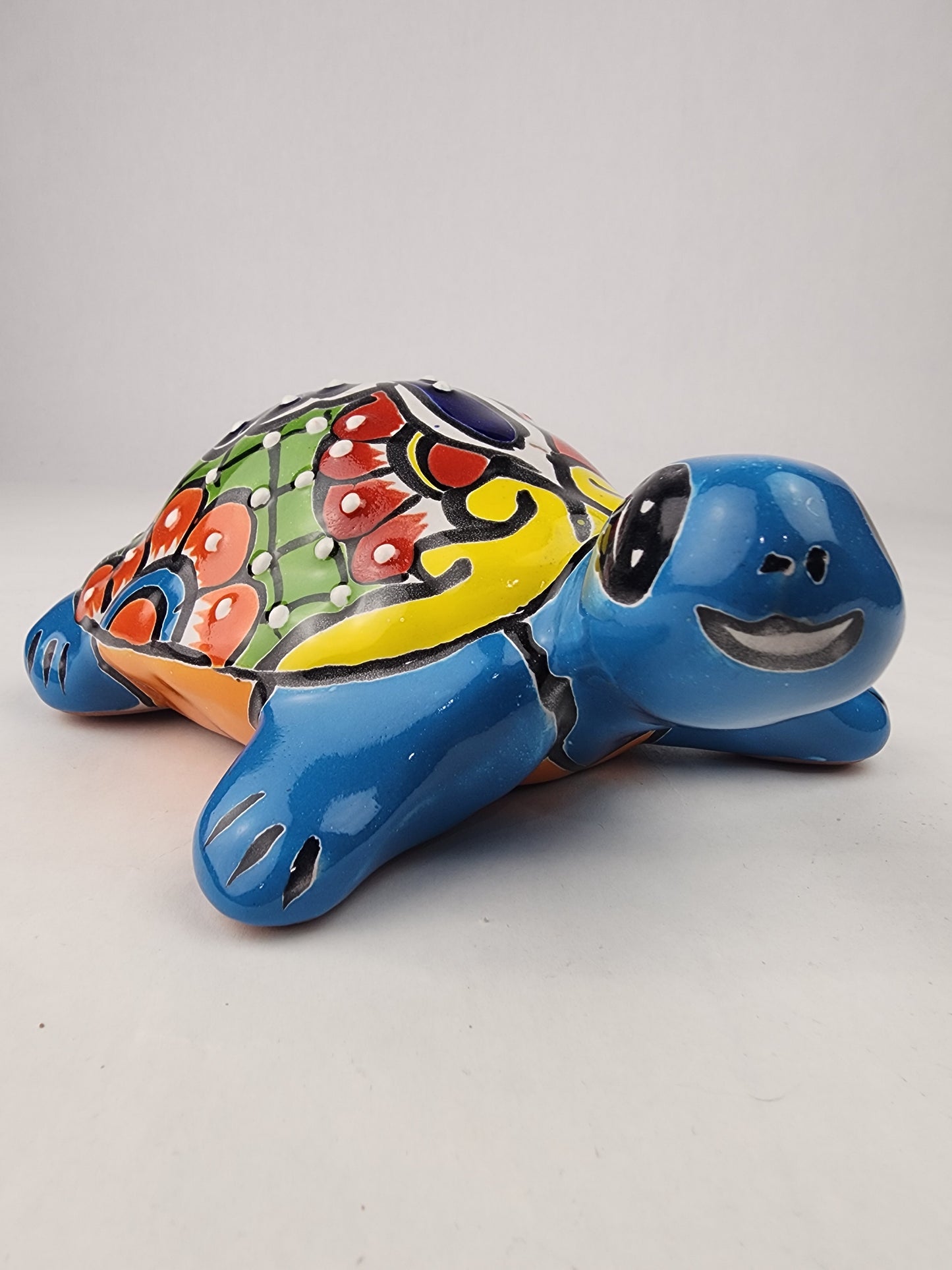 Sky Blue Talavera-Style Turtle Figurine 8.5" – Mexican Garden Folk Art