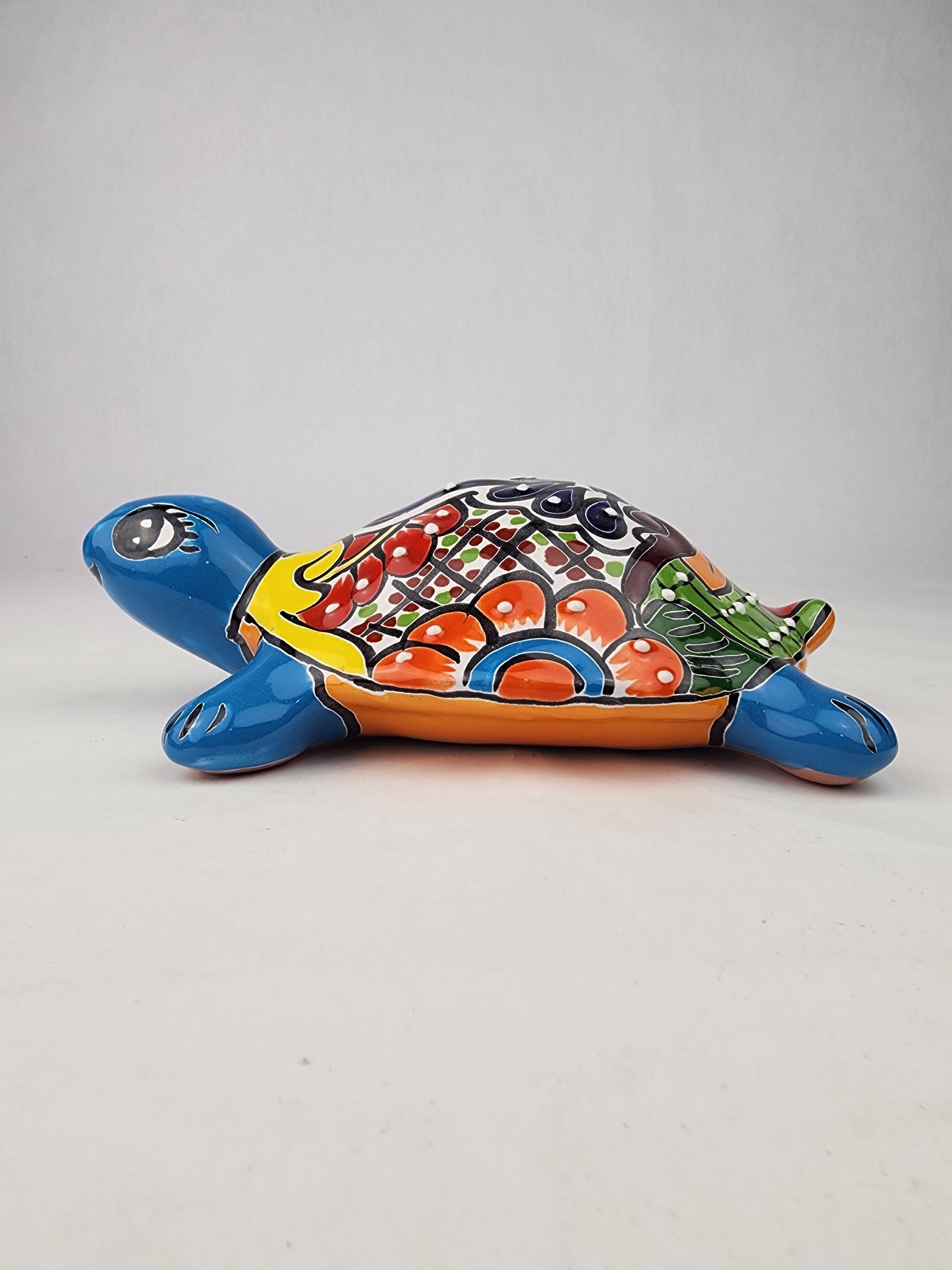 Sky Blue Talavera-Style Turtle Figurine 9.5" – Mexican Folk Art Accent