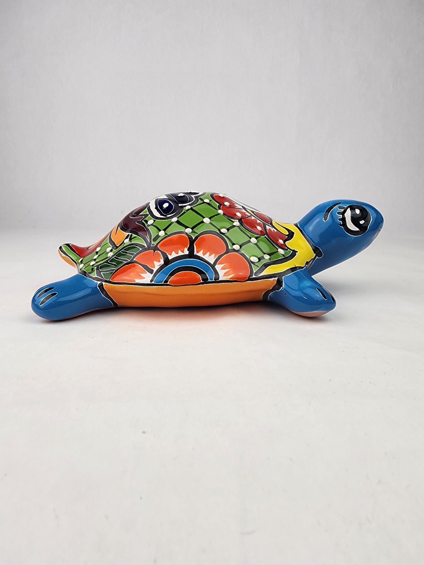 Sky Blue Talavera-Style Turtle Figurine 9.5" – Mexican Folk Art Accent