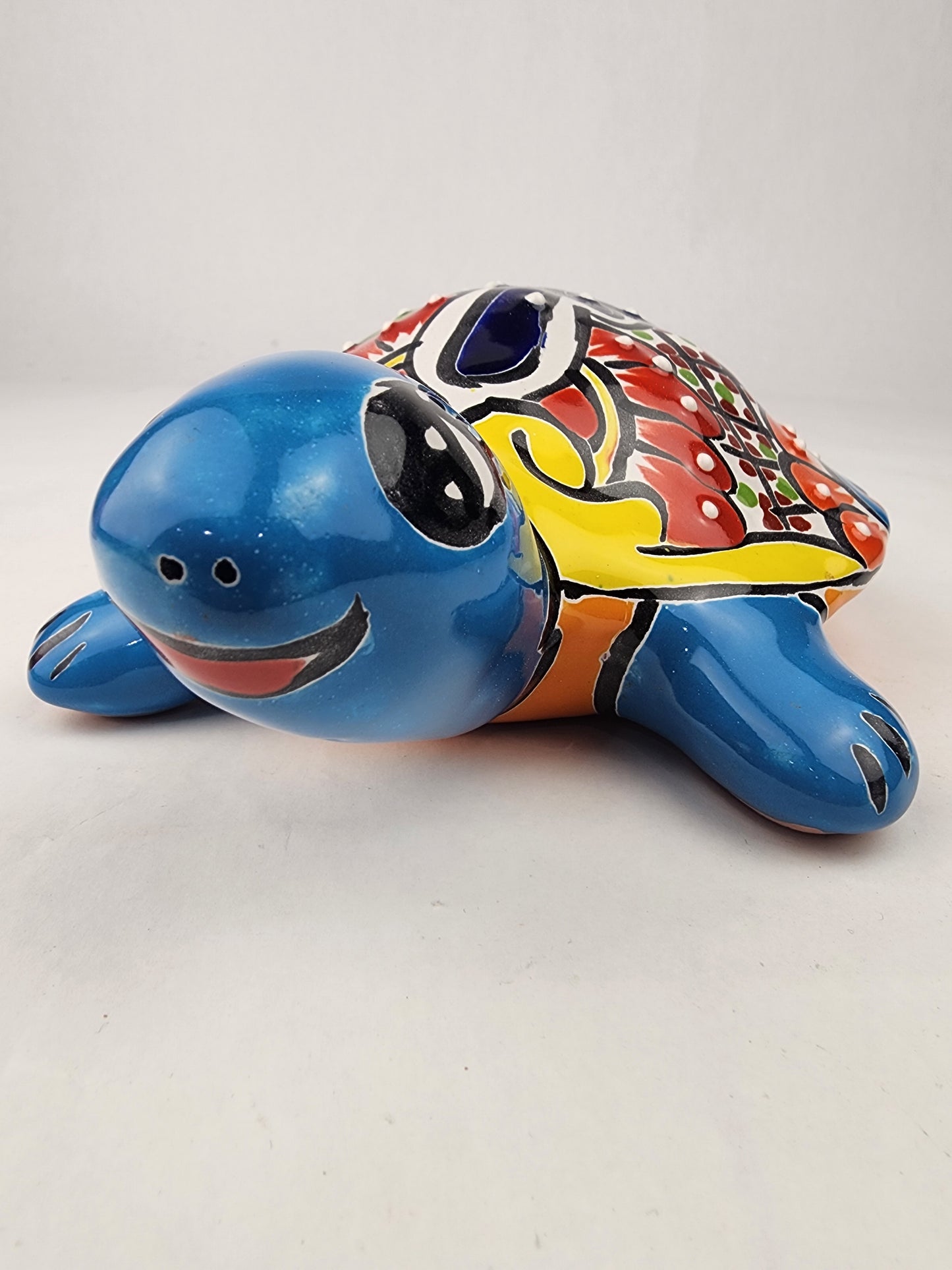 Sky Blue Talavera-Style Turtle Figurine 9.5" – Mexican Folk Art Accent