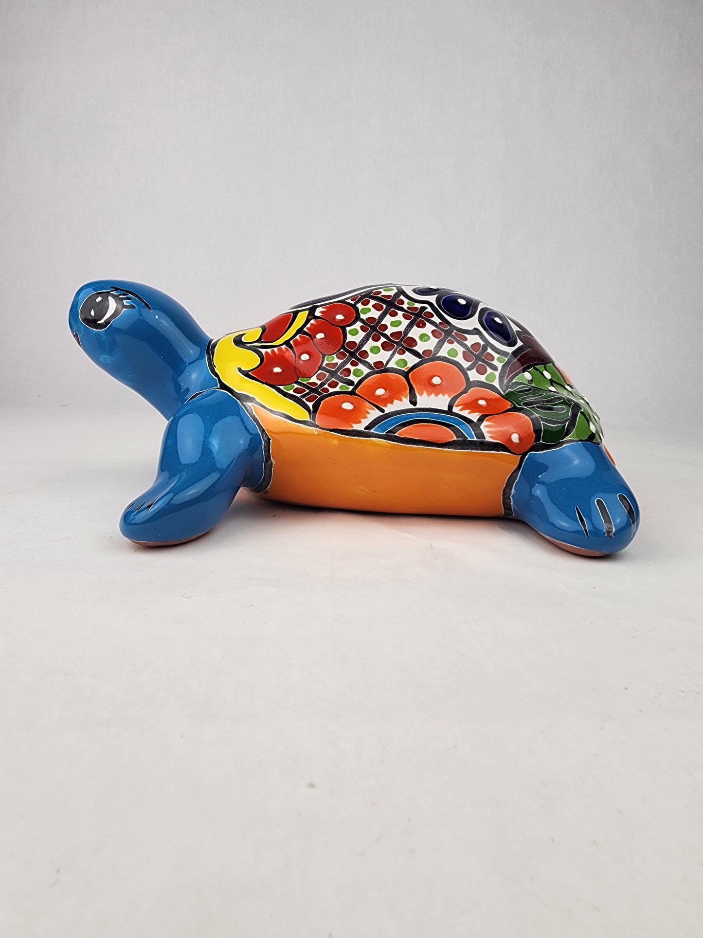 Sky Blue Talavera-Style Turtle Figurine 11" – Mexican Folk Art Décor