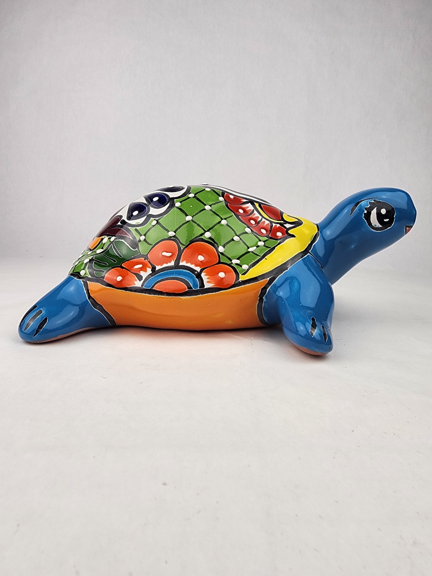 Sky Blue Talavera-Style Turtle Figurine 11" – Mexican Folk Art Décor