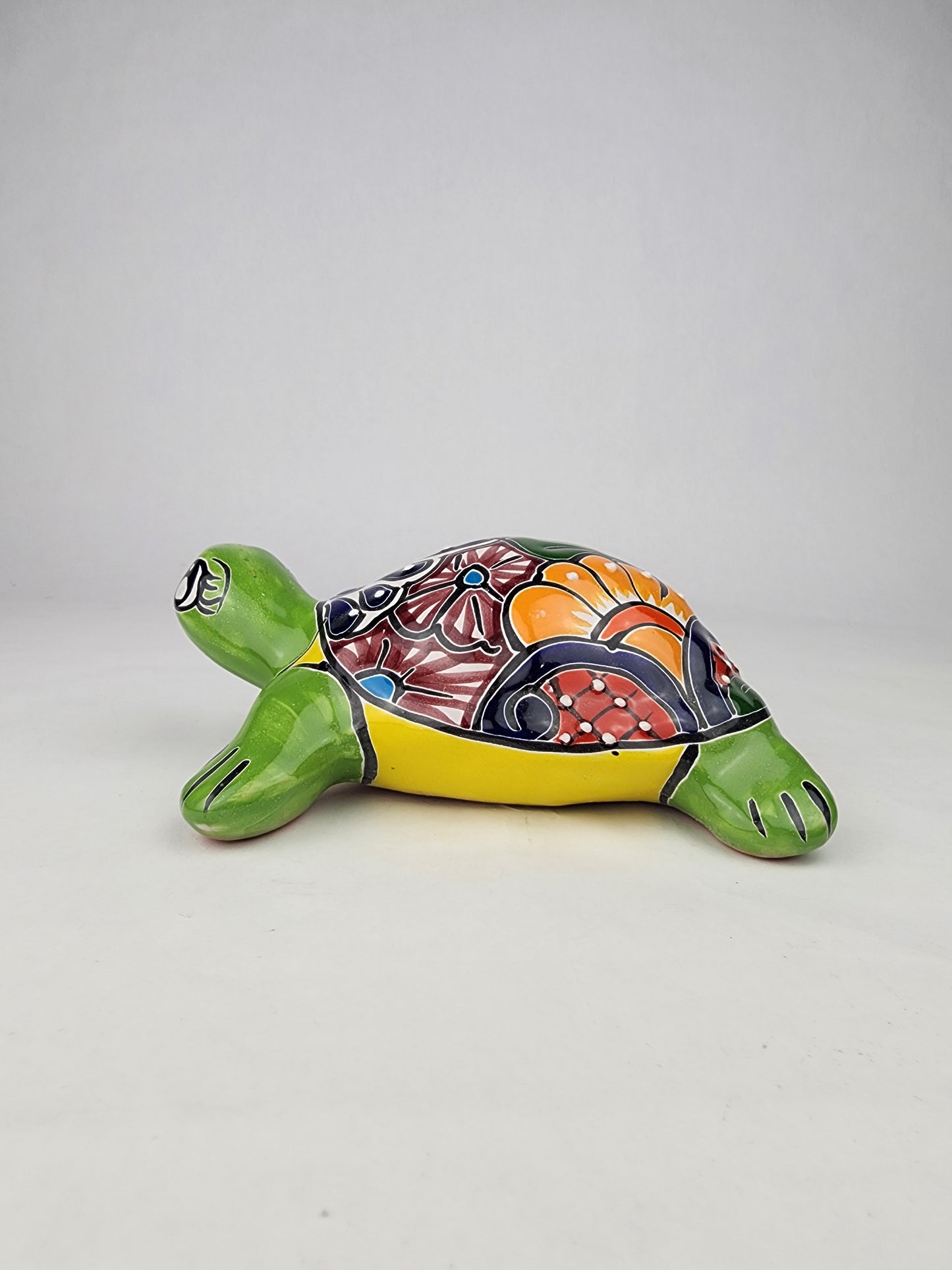 Green Mexican Ceramic Turtle Figurine 8.5" – Talavera-Style Garden Décor