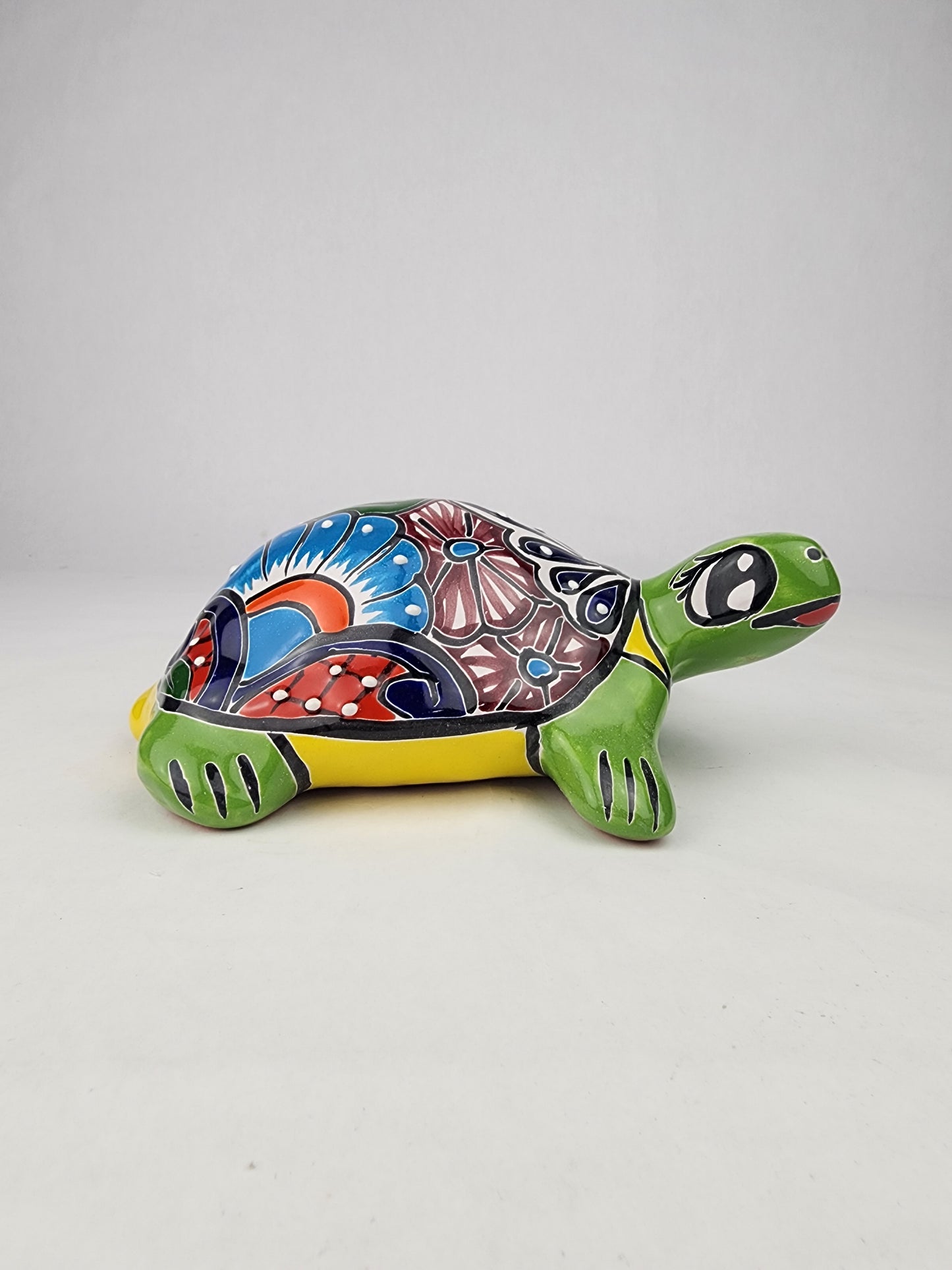 Green Mexican Ceramic Turtle Figurine 8.5" – Talavera-Style Garden Décor