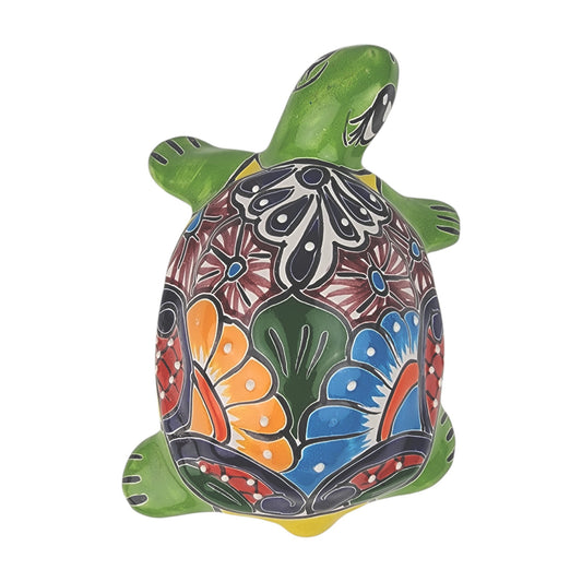 Green Mexican Ceramic Turtle Figurine 8.5" – Talavera-Style Garden Décor