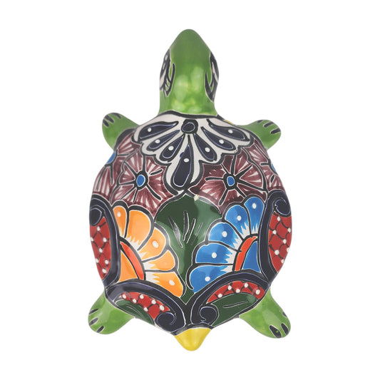 Green Talavera-Style Turtle Figurine 9.5" – Mexican Folk Art Décor