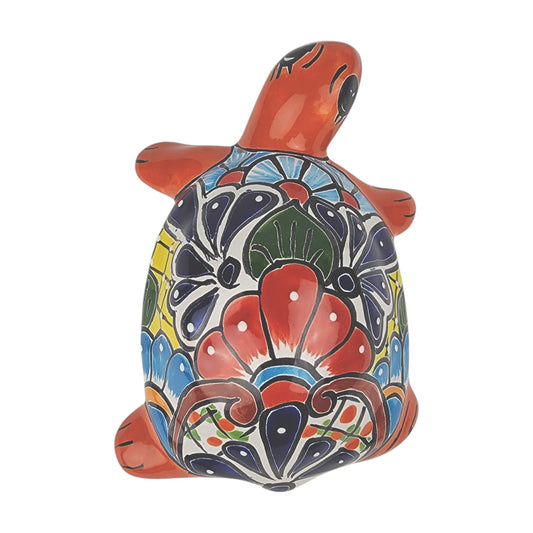 Red Orange Talavera-Style Turtle Figurine 8.5" – Mexican Ceramic Folk Art