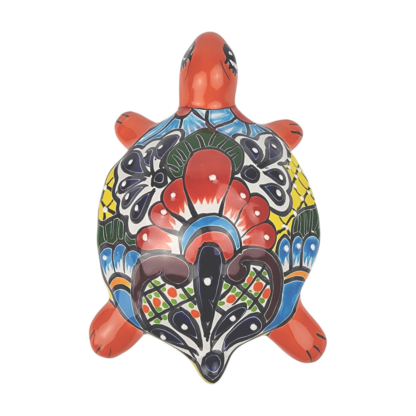 Red Orange Talavera-Style Turtle Figurine 9.5" – Mexican Ceramic Décor