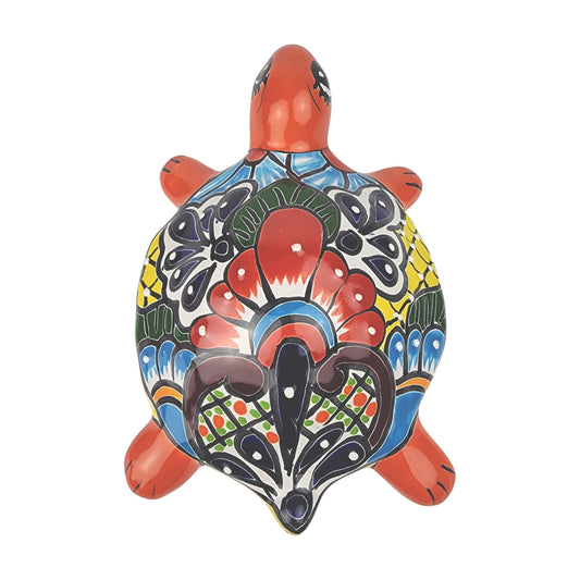 Red Orange Talavera-Style Turtle Figurine 9.5" – Mexican Ceramic Décor