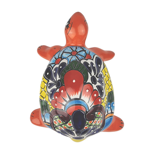 Red Orange Talavera-Style Turtle Figurine 11" – Mexican Ceramic Garden Décor