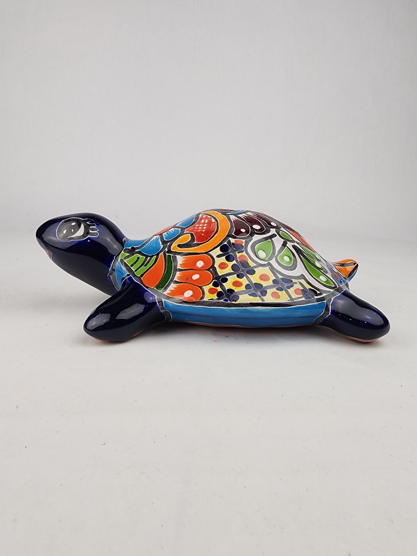 Blue Mexican Ceramic Turtle Figurine 9.5" – Talavera-Style Folk Art Décor