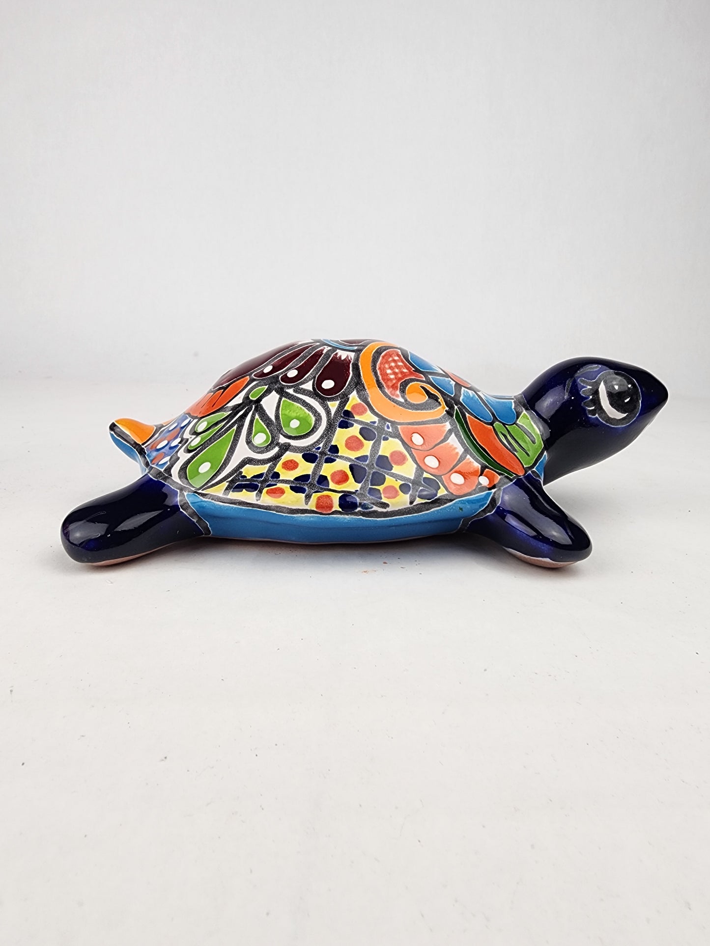 Blue Mexican Ceramic Turtle Figurine 9.5" – Talavera-Style Folk Art Décor