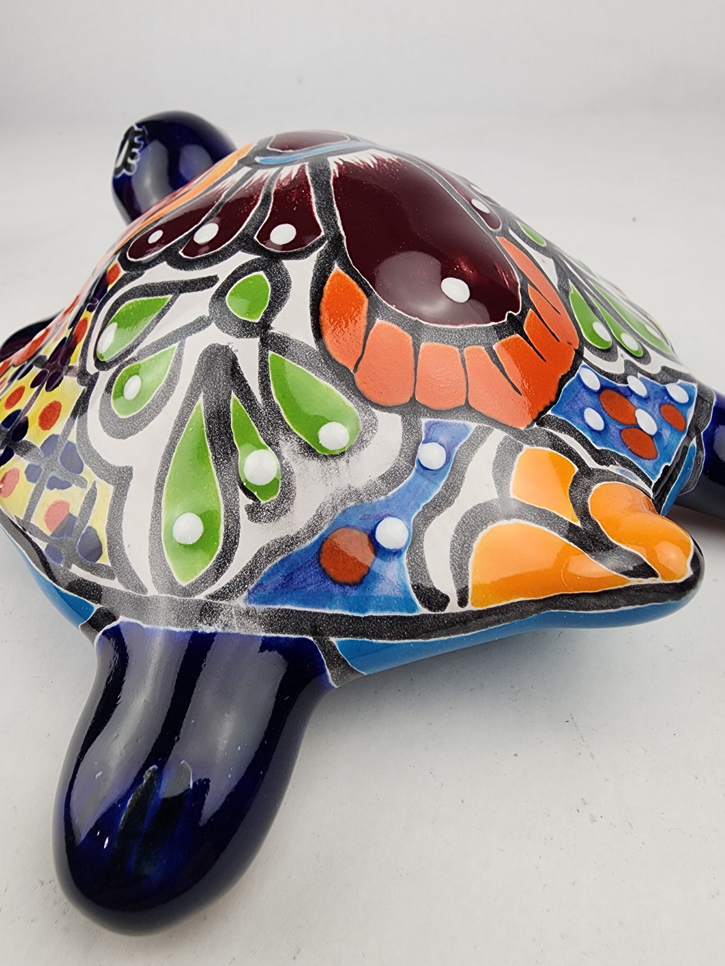 Blue Mexican Ceramic Turtle Figurine 9.5" – Talavera-Style Folk Art Décor
