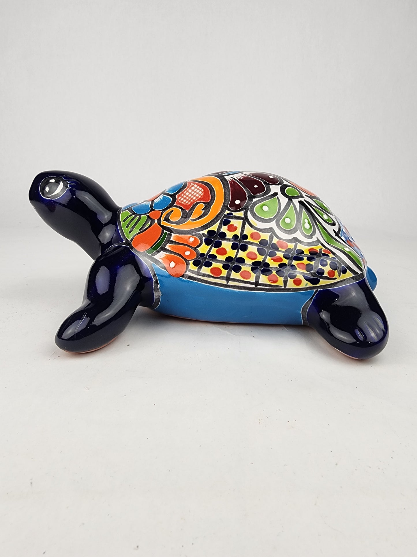 Blue Ceramic Turtle Figurine 11" – Talavera-Style Mexican Folk Art