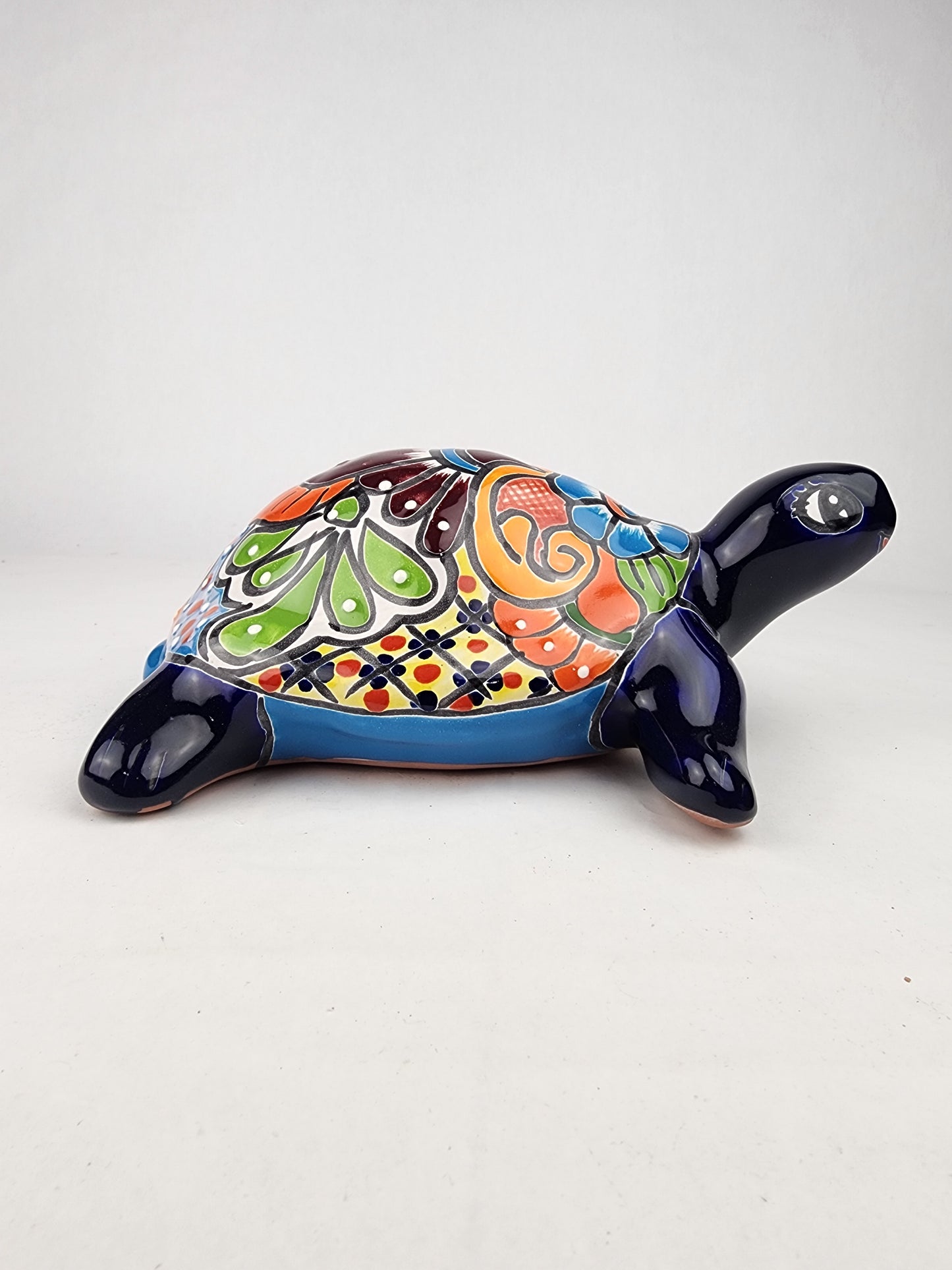 Blue Ceramic Turtle Figurine 11" – Talavera-Style Mexican Folk Art