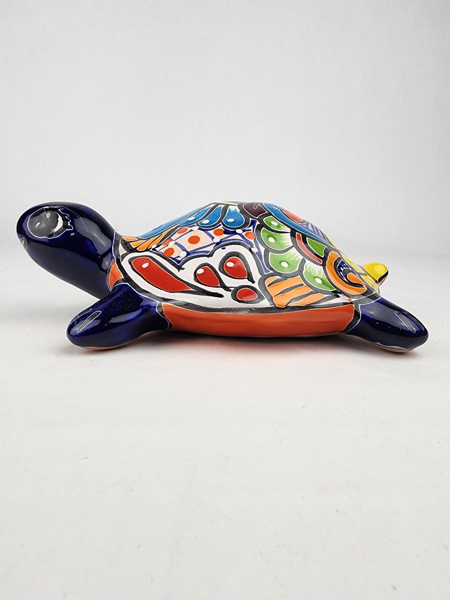 Deep Blue Talavera-Style Turtle Figurine 9.5" – Mexican Folk Art Décor