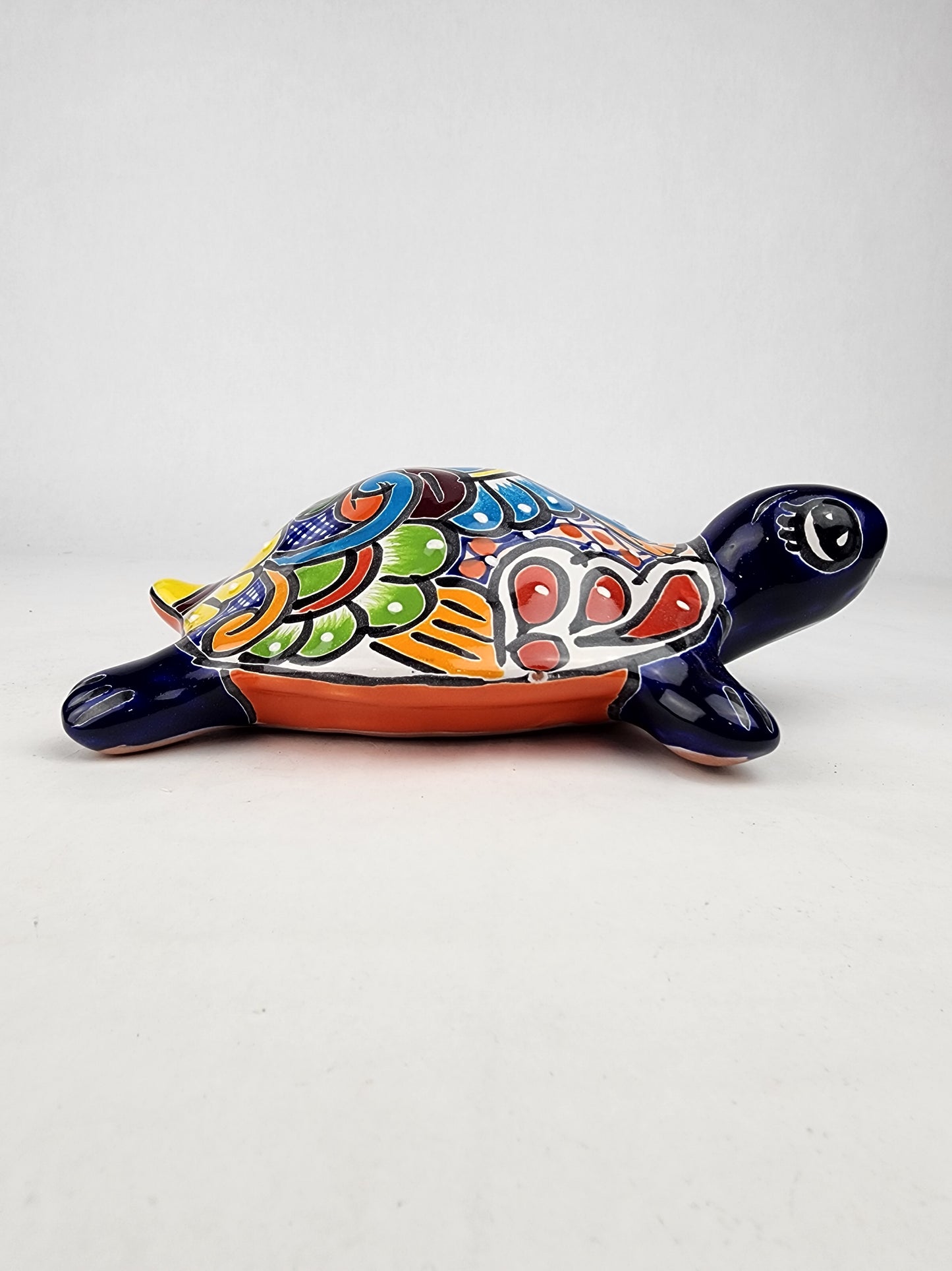 Deep Blue Talavera-Style Turtle Figurine 9.5" – Mexican Folk Art Décor