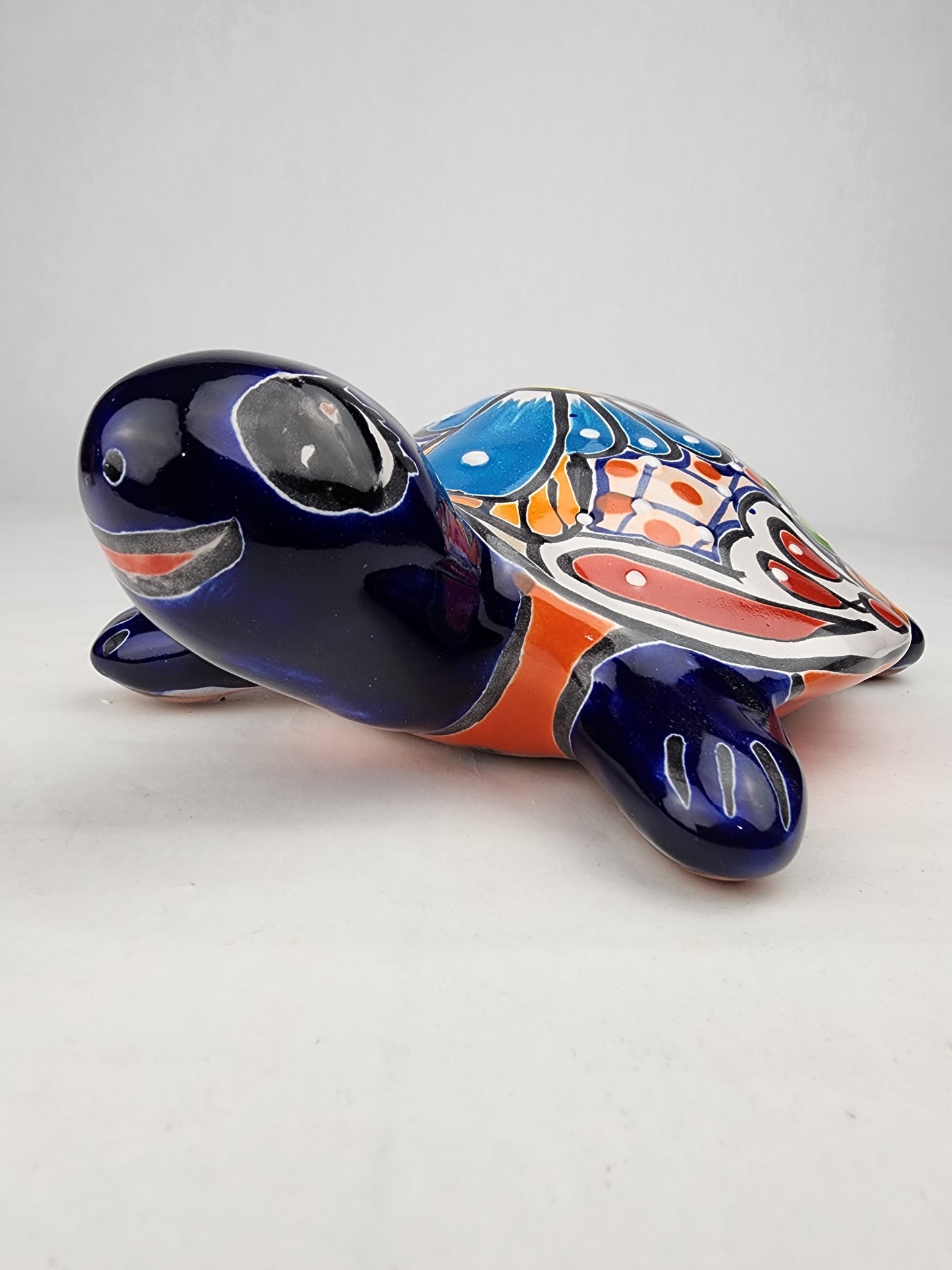 Deep Blue Talavera-Style Turtle Figurine 9.5" – Mexican Folk Art Décor