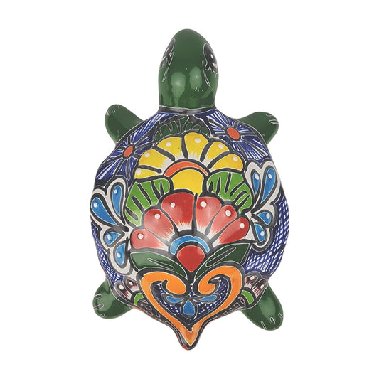 Green Talavera-Style Turtle Figurine 9.5" – Mexican Ceramic Patio Décor