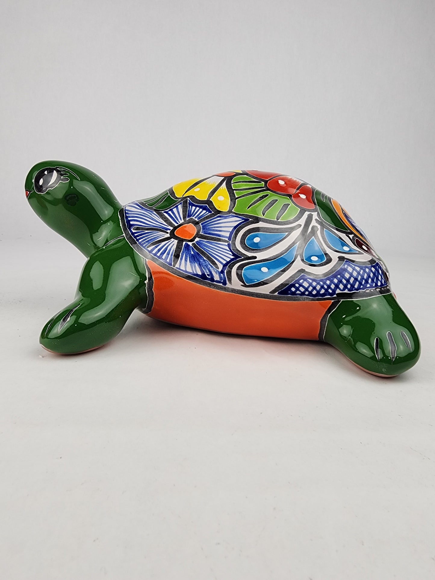 Green Talavera-Style Turtle Figurine 11" – Mexican Ceramic Patio Décor