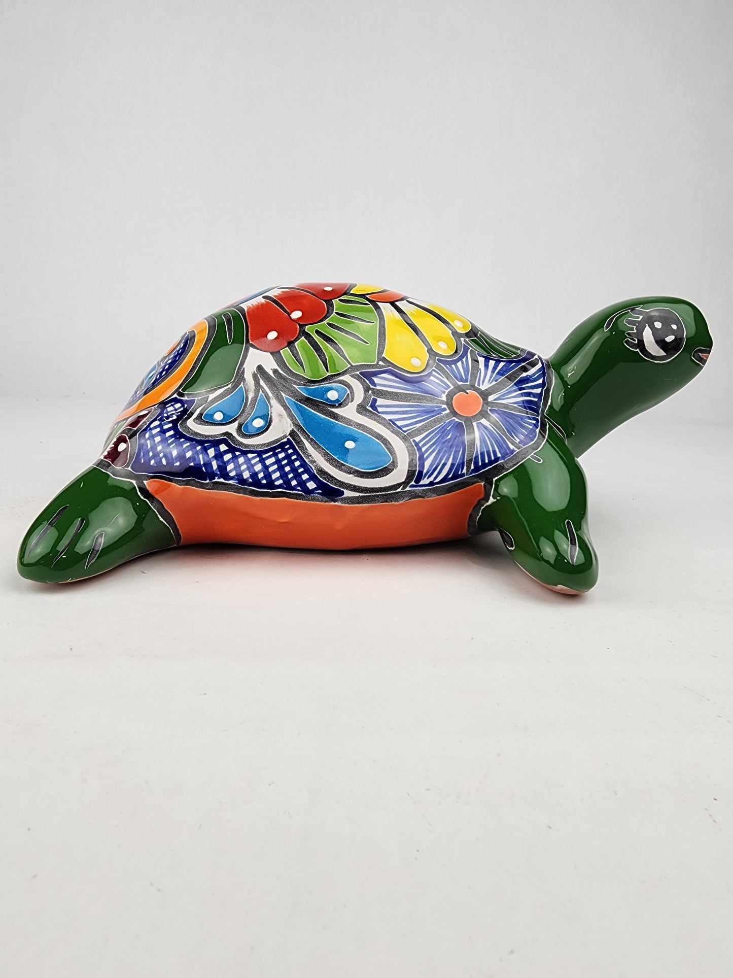 Green Talavera-Style Turtle Figurine 11" – Mexican Ceramic Patio Décor
