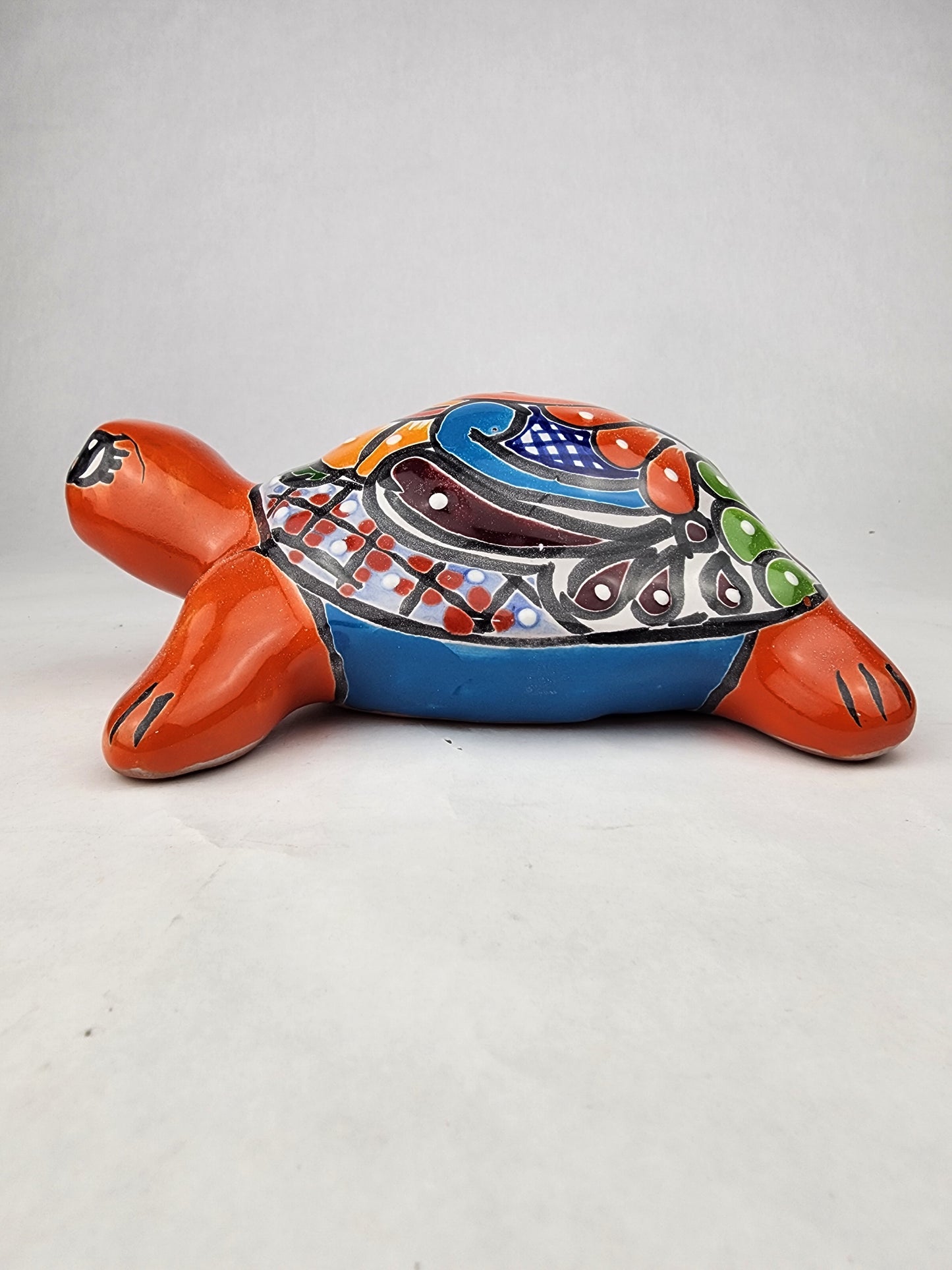 Red Orange Talavera-Style Turtle Figurine 8.5" – Mexican Folk Art Décor