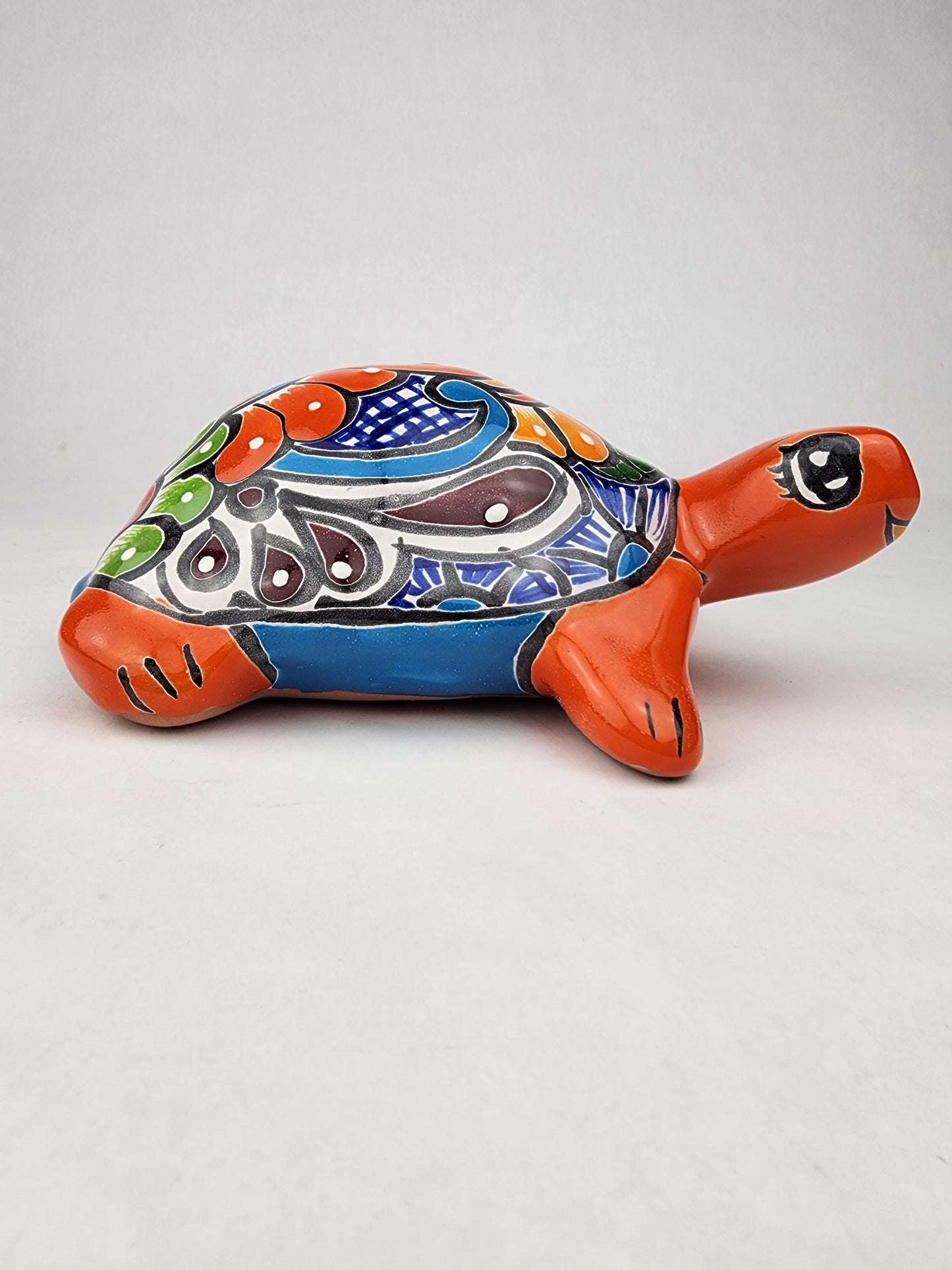 Red Orange Talavera-Style Turtle Figurine 8.5" – Mexican Folk Art Décor