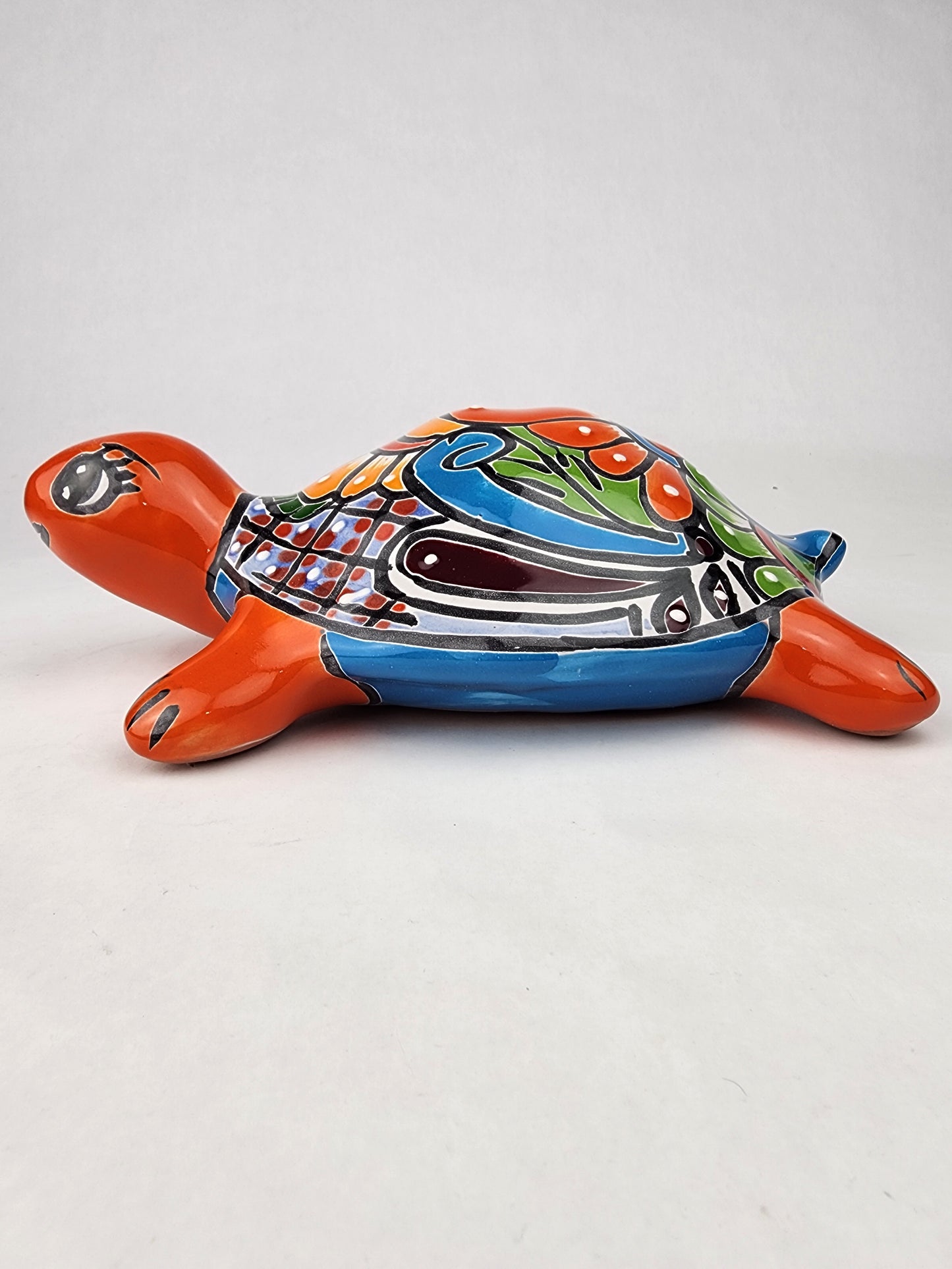 Red Orange Talavera-Style Turtle Figurine 9.5" – Mexican Folk Art Accent
