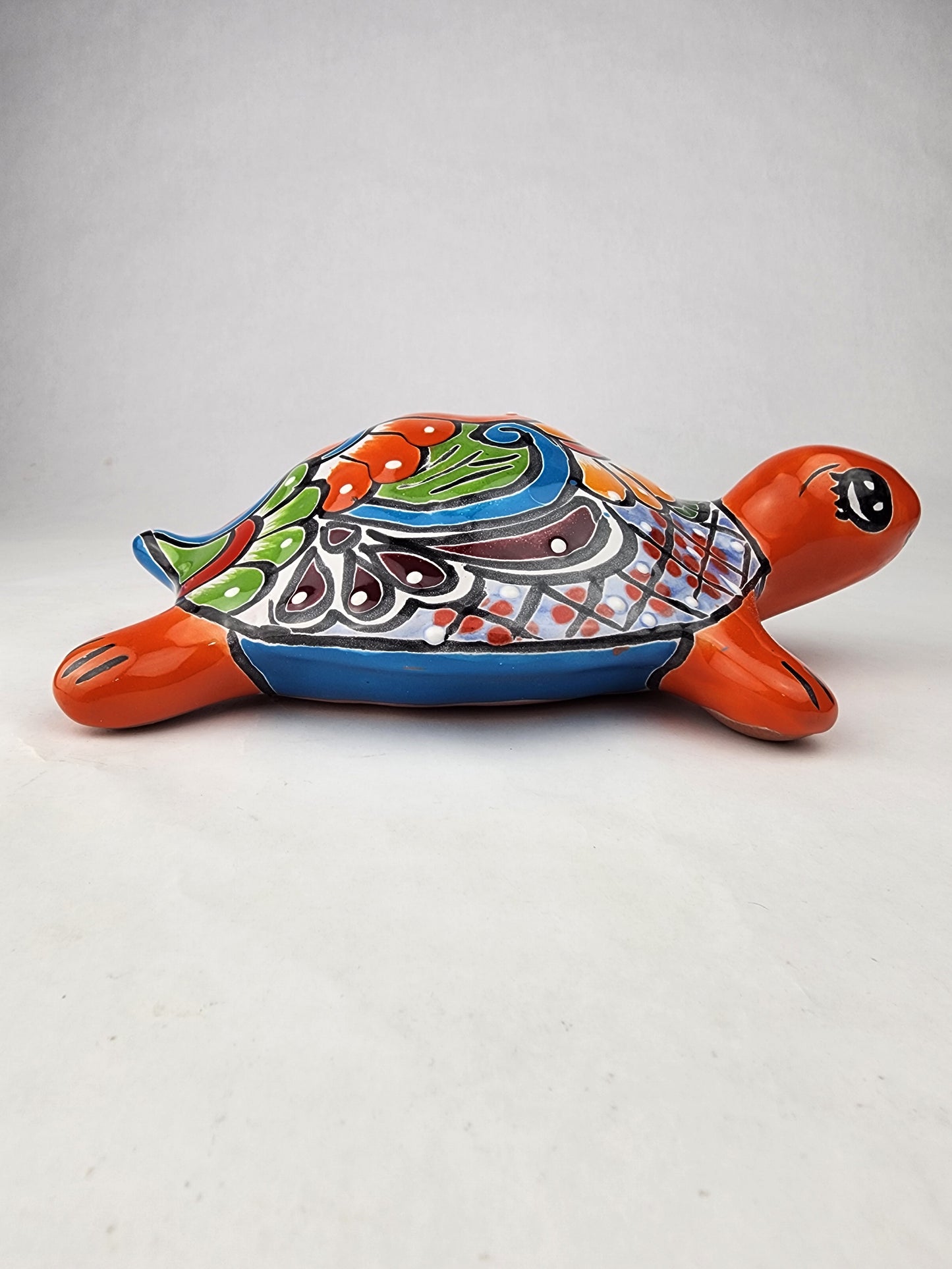Red Orange Talavera-Style Turtle Figurine 9.5" – Mexican Folk Art Accent