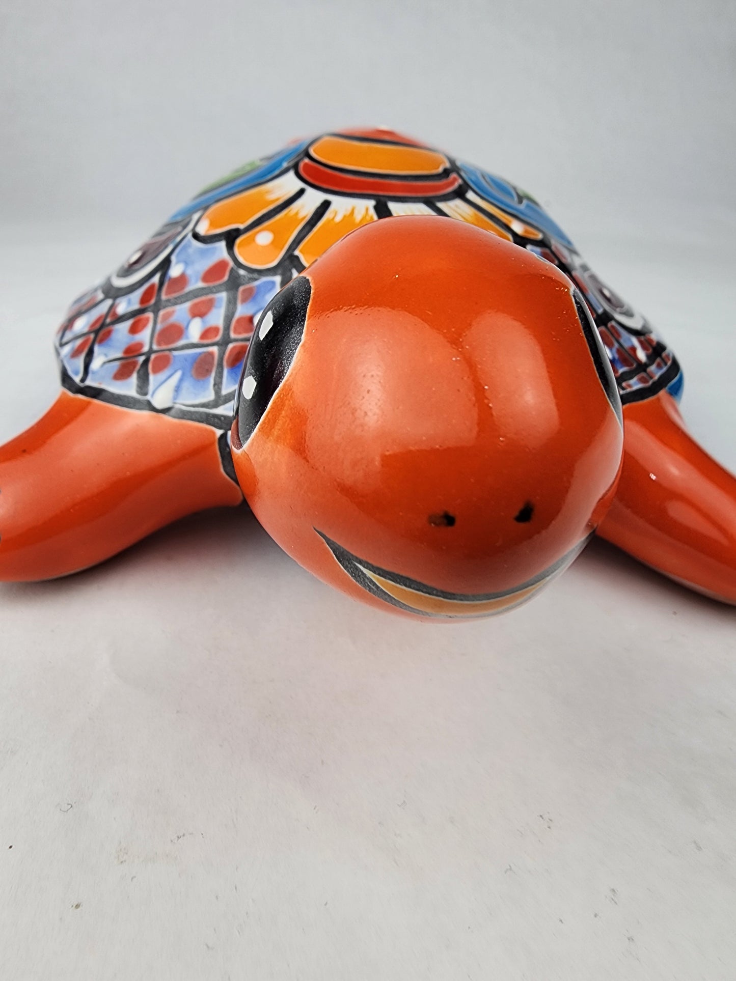 Red Orange Talavera-Style Turtle Figurine 9.5" – Mexican Folk Art Accent