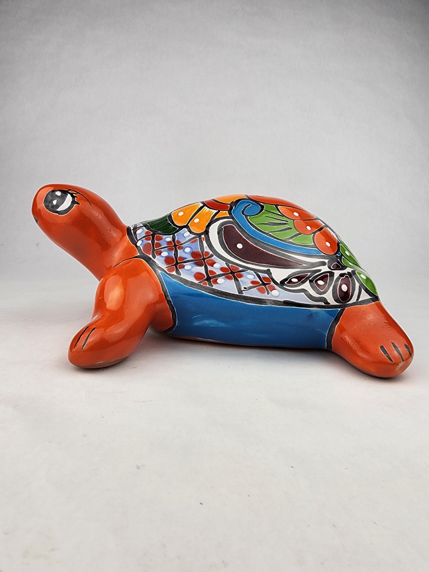 Red Orange Talavera-Style Turtle Figurine 11" – Mexican Folk Art Décor