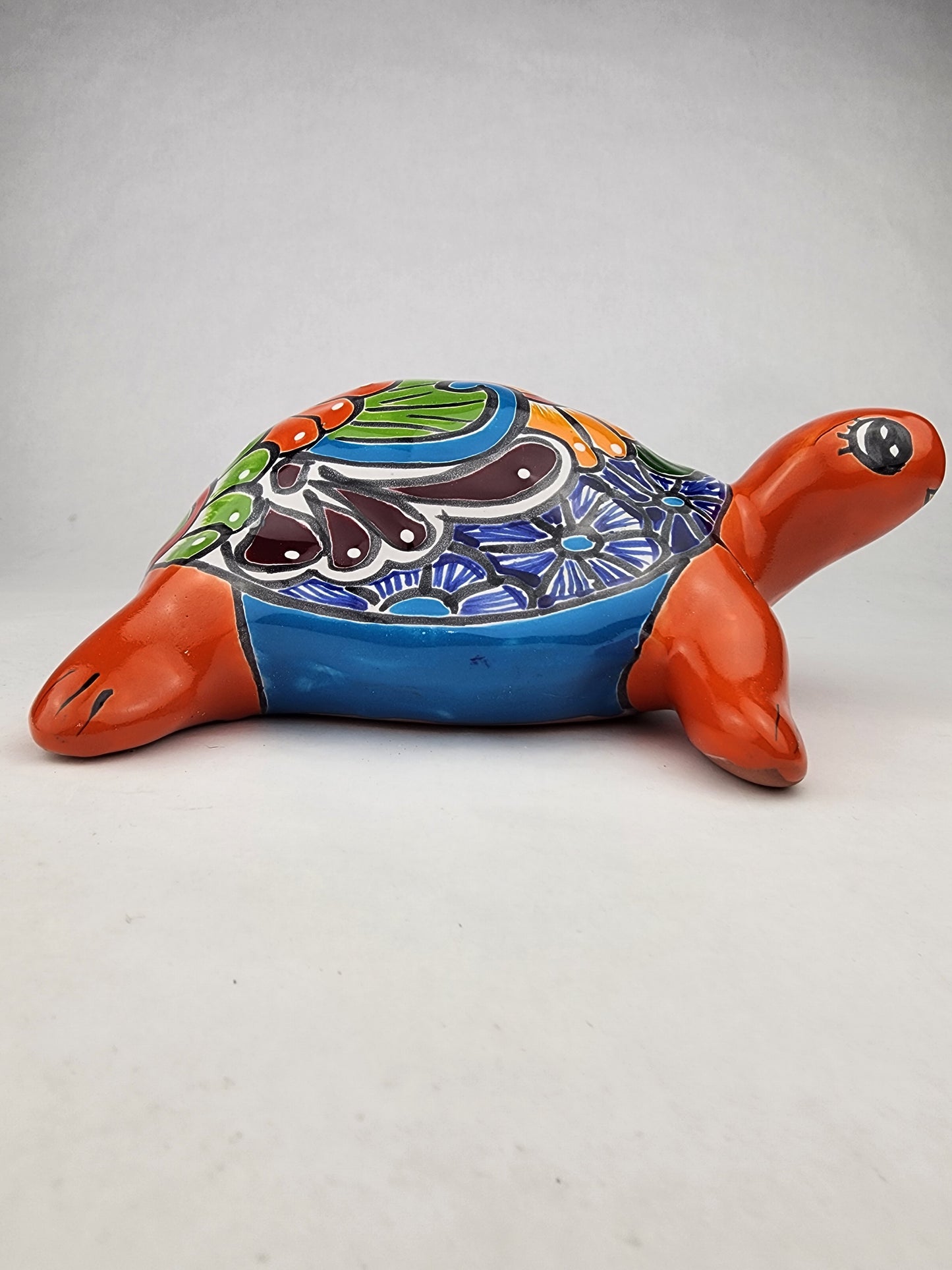 Red Orange Talavera-Style Turtle Figurine 11" – Mexican Folk Art Décor