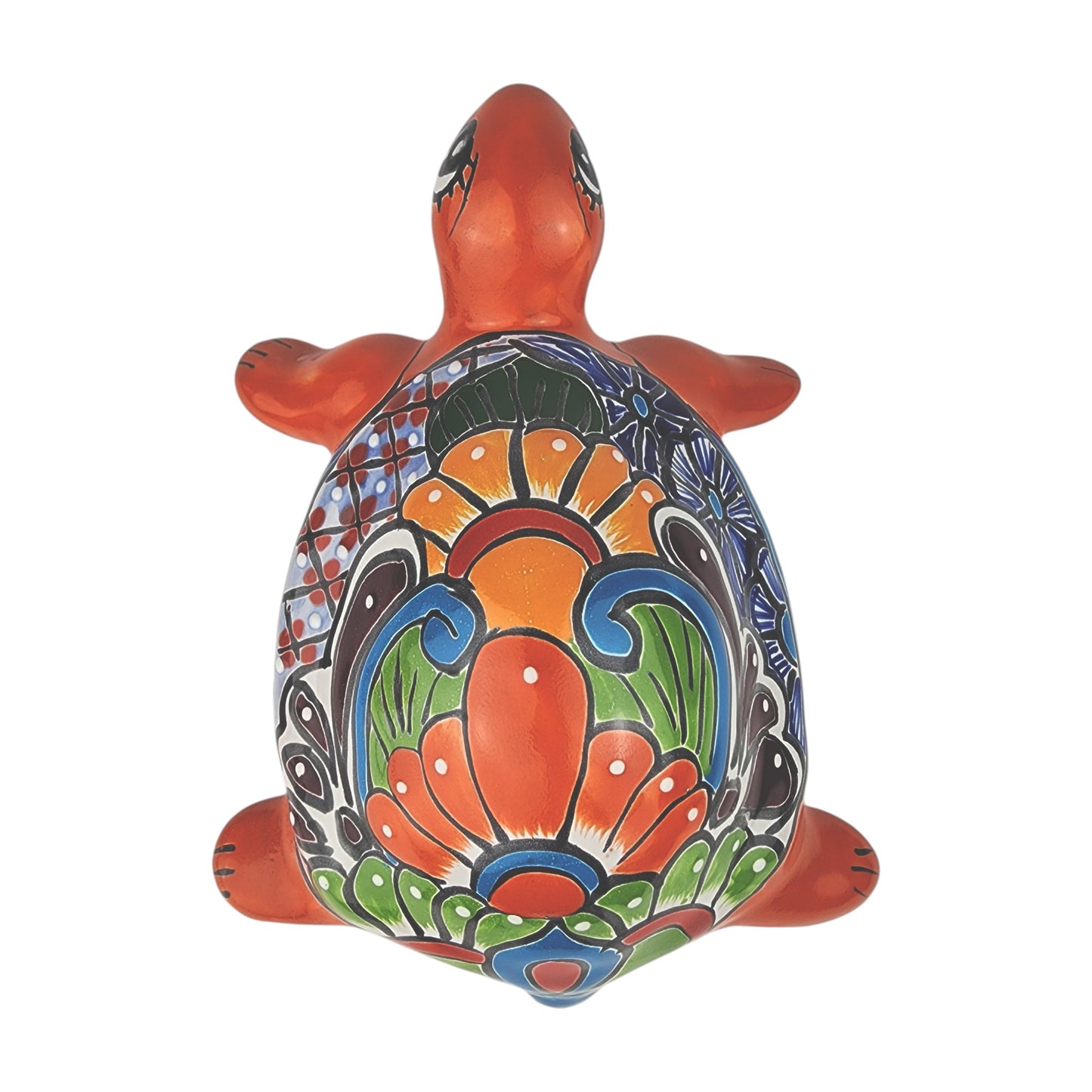 Red Orange Talavera-Style Turtle Figurine 11" – Mexican Folk Art Décor