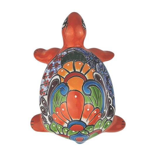 Red Orange Talavera-Style Turtle Figurine 11" – Mexican Folk Art Décor