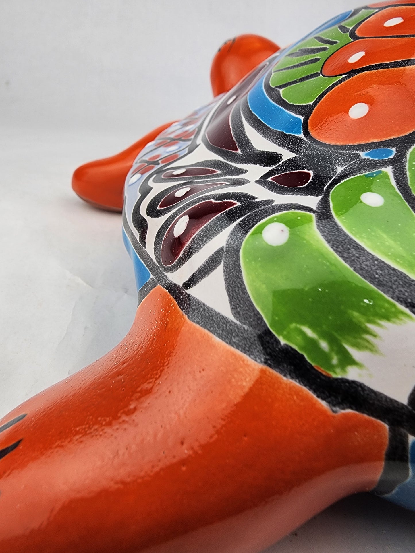Red Orange Talavera-Style Turtle Figurine 11" – Mexican Folk Art Décor