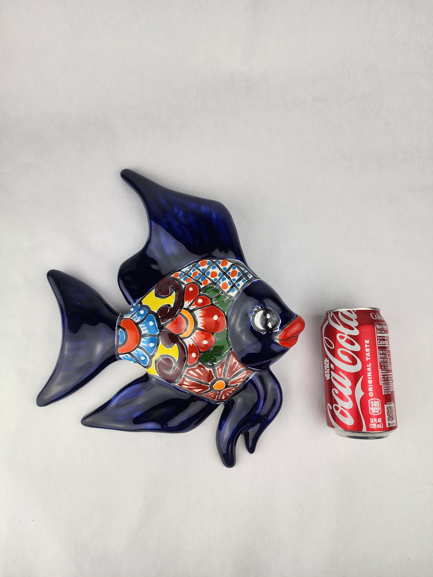 Navy Blue Talavera-Style Fish Wall Décor 13" – Handmade Mexican Ceramic Folk Art