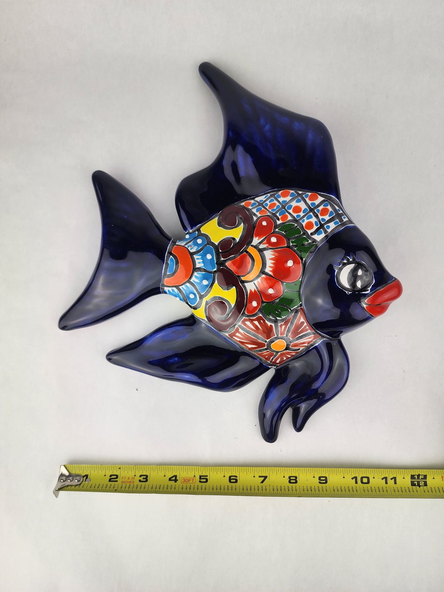 Navy Blue Talavera-Style Fish Wall Décor 13" – Handmade Mexican Ceramic Folk Art