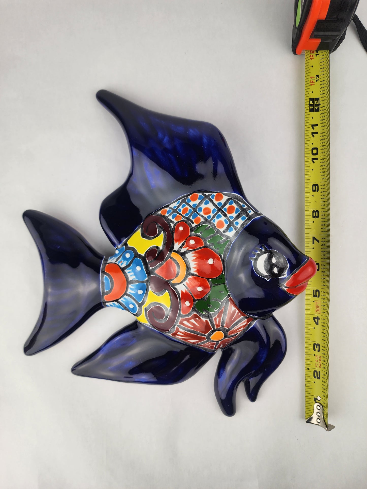 Navy Blue Talavera-Style Fish Wall Décor 13" – Handmade Mexican Ceramic Folk Art