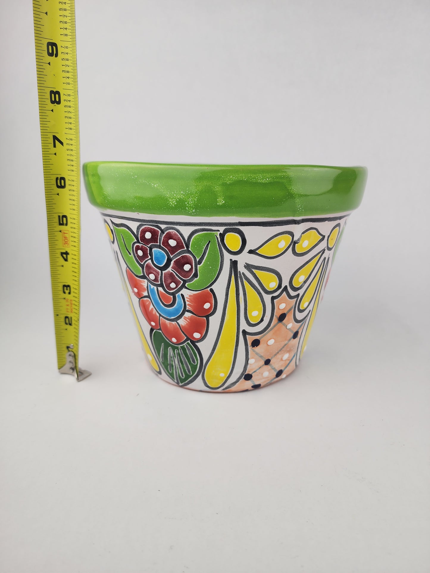 Green Rim Talavera Ceramic Planter 8" | Decorative Garden Planter