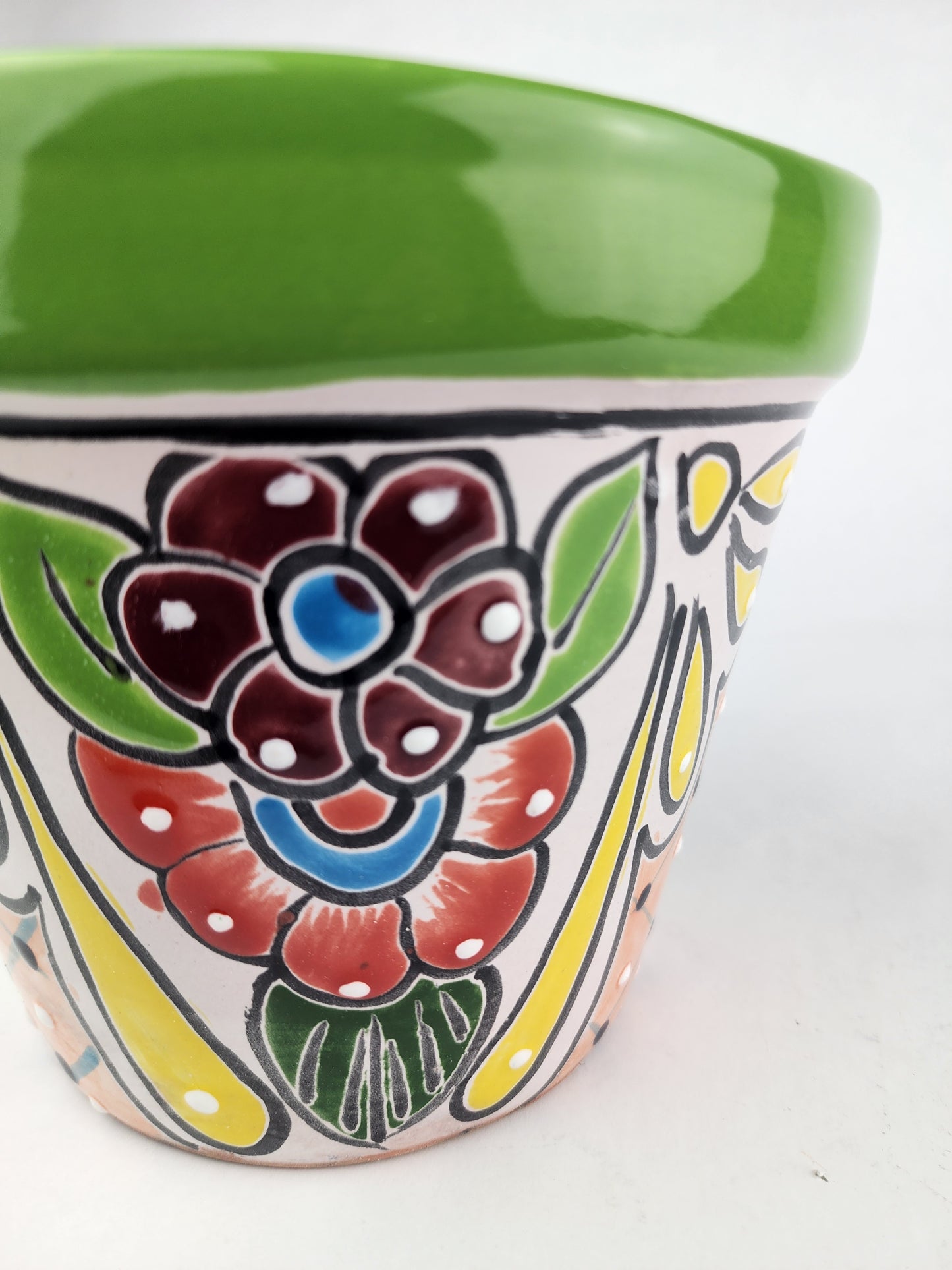 Green Rim Talavera Ceramic Planter 8" | Decorative Garden Planter