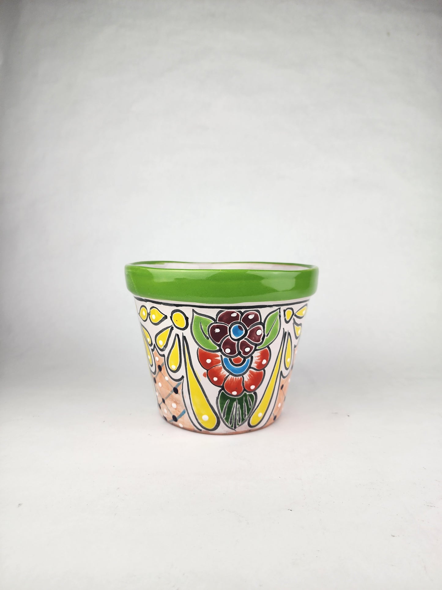 Green Rim Talavera Ceramic Planter 8" | Decorative Garden Planter