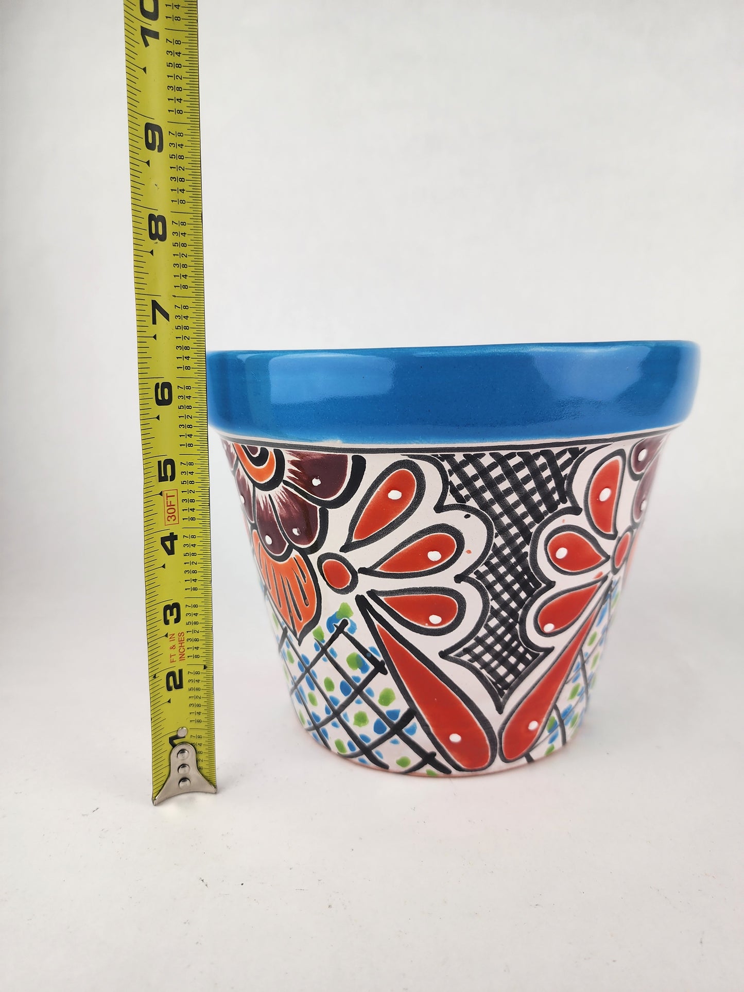 Blue Rim Talavera Ceramic Planter 8" | Decorative Plant Pot