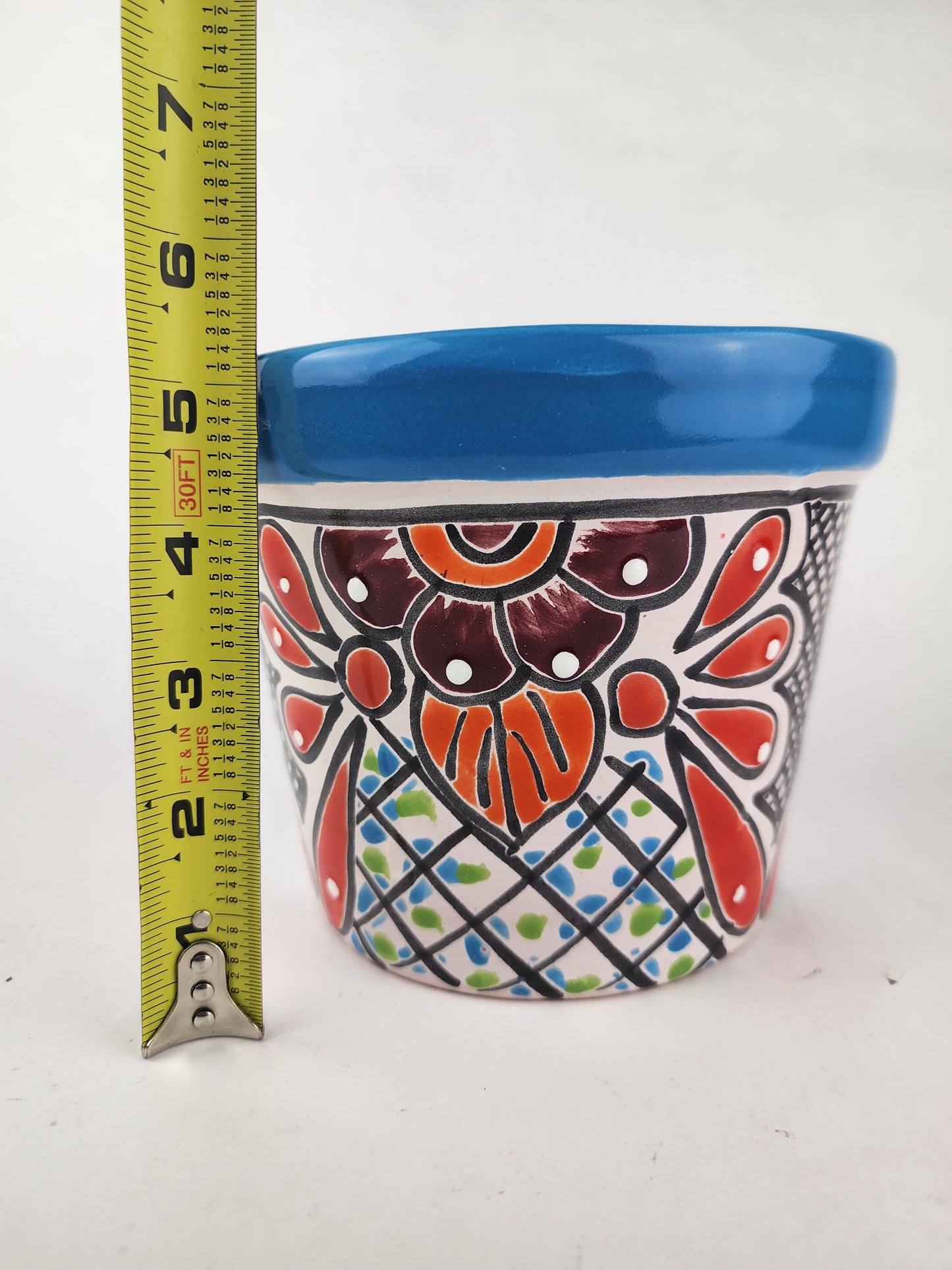 Blue Rim Talavera Ceramic Planter 7" | Decorative Plant Pot