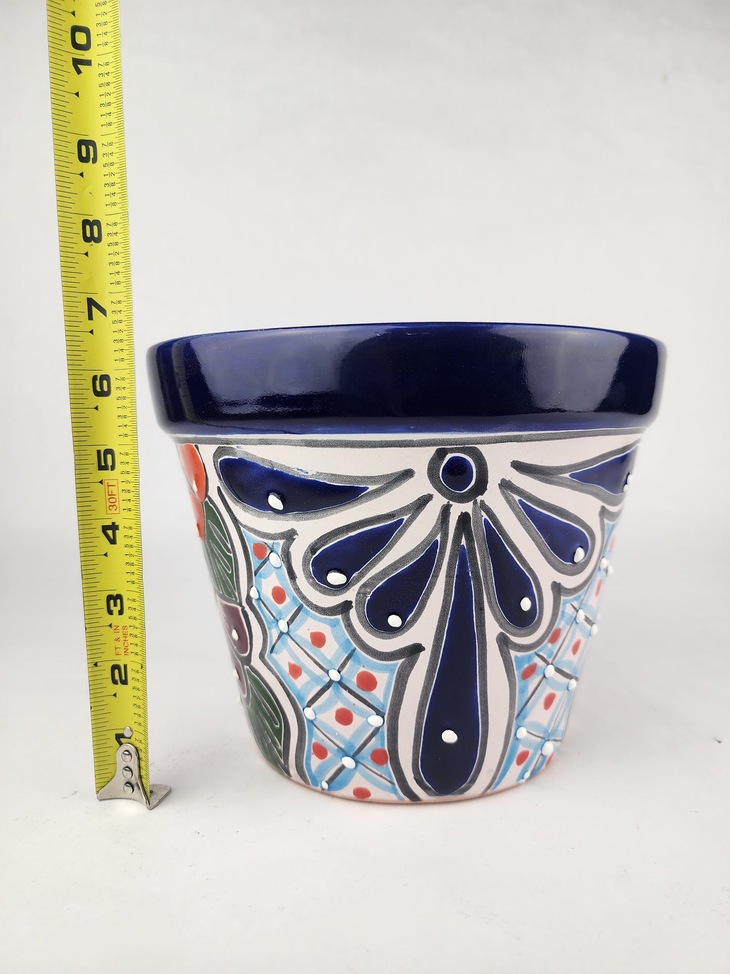 Blue Rim Talavera Ceramic Planter 8" | Statement Flower Pot