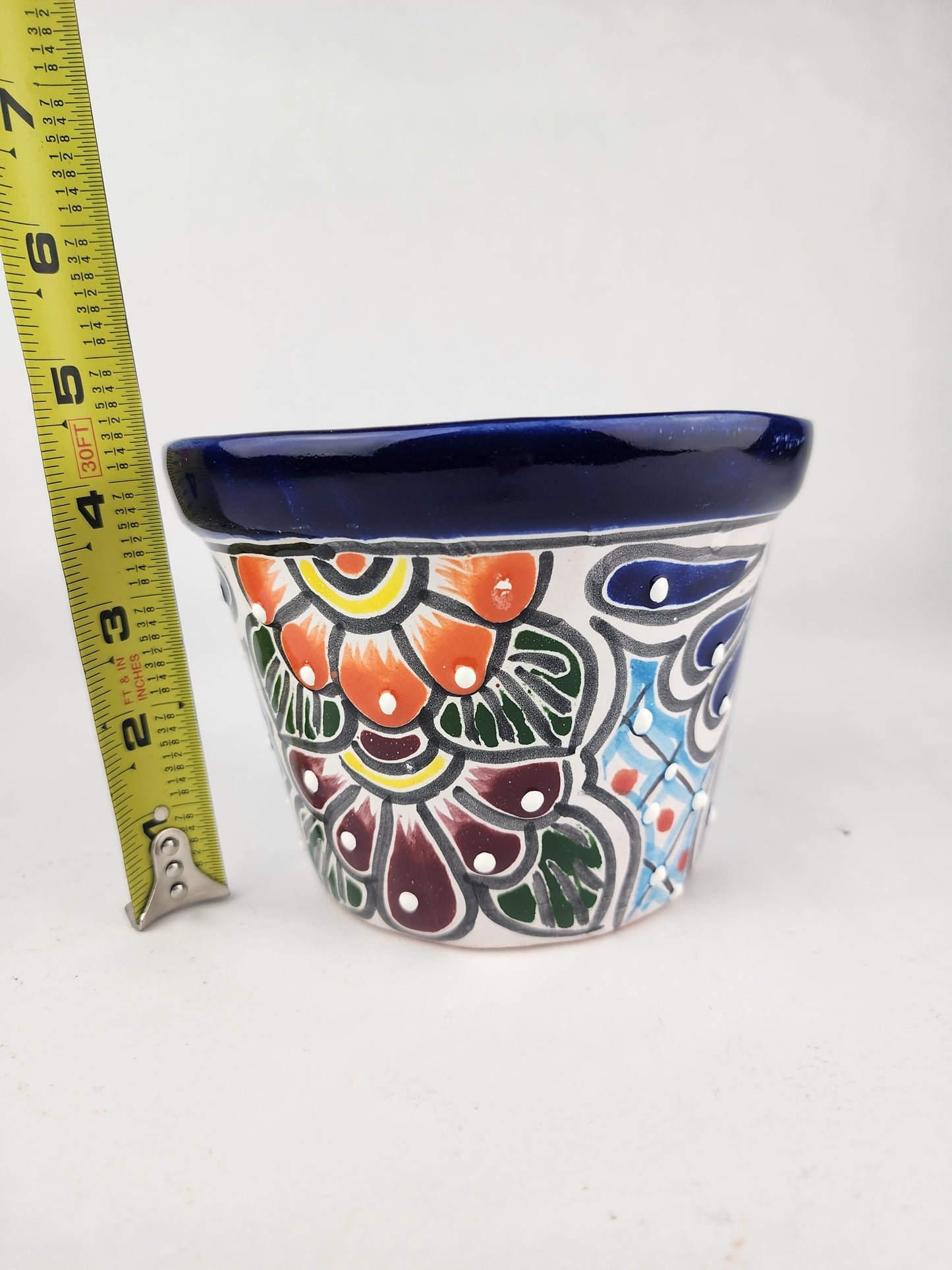 Blue Rim Talavera Ceramic Planter 6" | Decorative Flower Pot