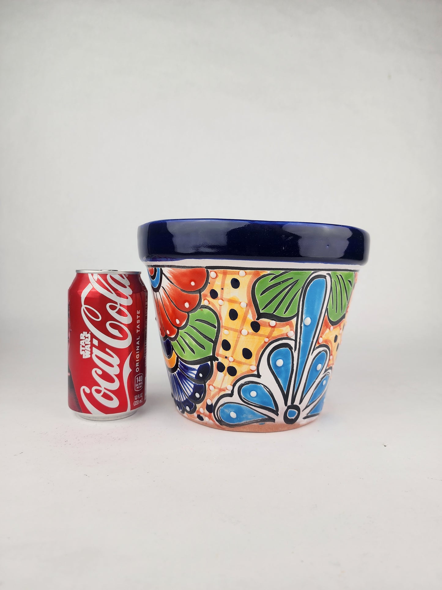 Blue Rim Talavera Ceramic Planter 8" | Large Decorative Flower Pot